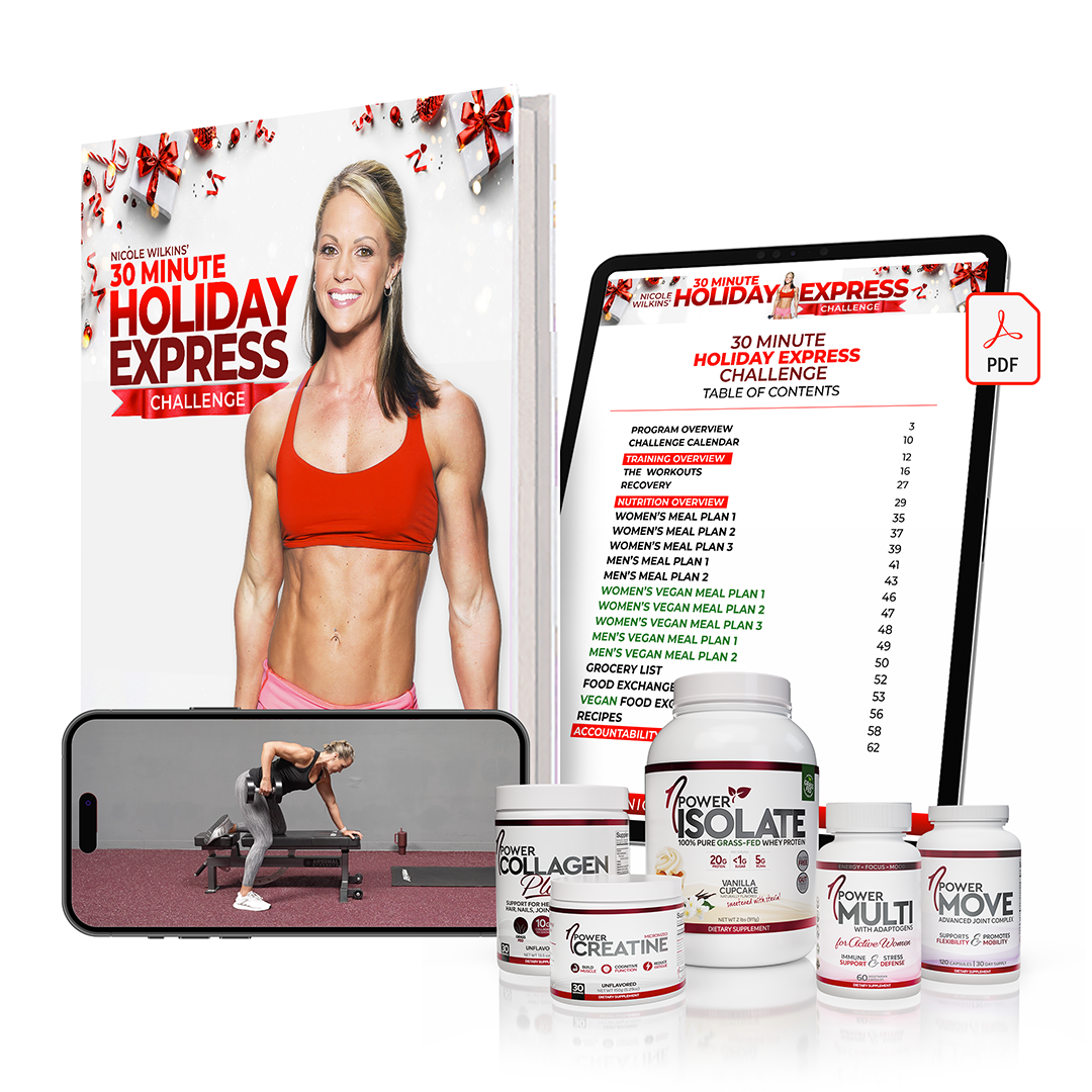 Holiday Express 2026 eBook, table of contents on a tablet, follow-along workout on a phone, and nPower Isolate, Multi, MOVE, Collagen and Creatine.